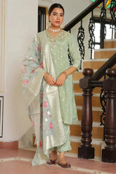 Women Aqua Tissue Brocade Embroidered Kurta With Scalloped Pant & Dupatta-129-Vaas-Aqua